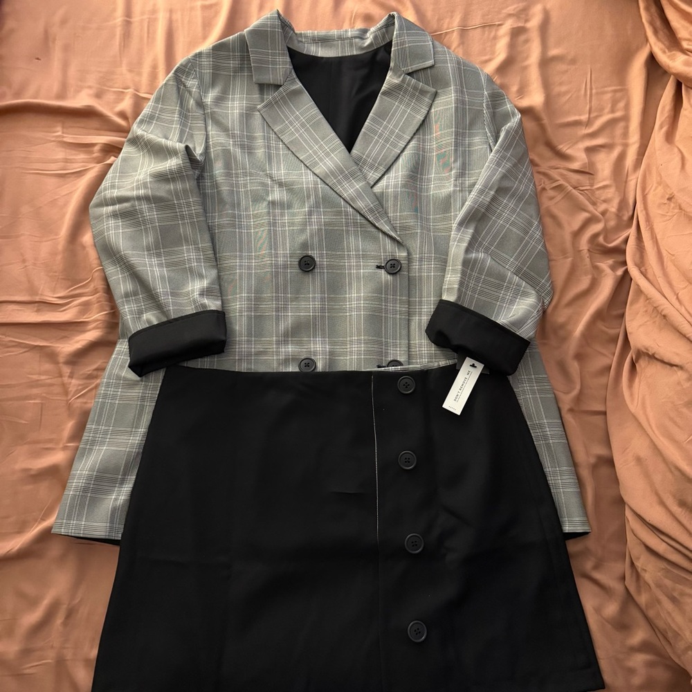 VETTA Monochrome Checkered Reversible Blazer Mini Skirt 2 Piece Suit Set NWT XL